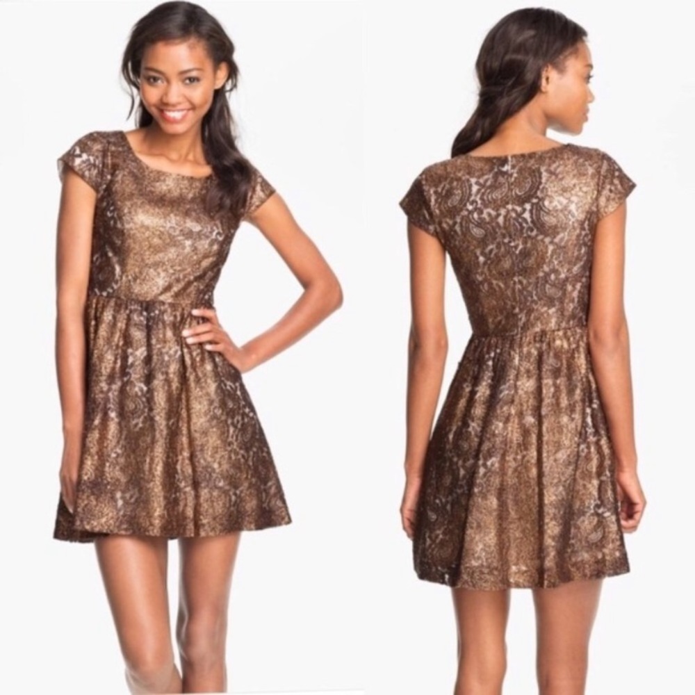 Kenzie Bronze Metallic Lace Cap Sleeve Dress